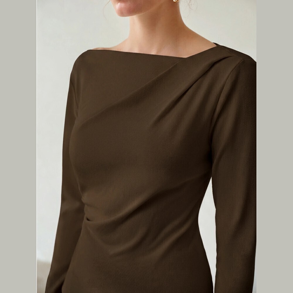 Brown Asymmetric Boat Neck Ruched Long Sleeve Slim Fit Knit Tee Top